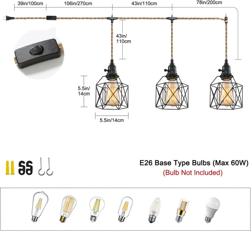 KENMI 3-Light Hanging Light with Plug in Cord,Plug in Pendant Light 22ft Hemp Rope Pendant Lighting Vintage 3-Light Hanging Lamp Fixtures for Kitchen Island Living Room Bedroom - Image 3
